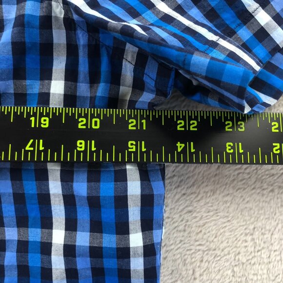 Untuckit Mens Shirt Large Short Sleeve Dark Blue Check Button Up Classic Casual - Picture 5 of 11
